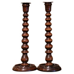 Antique Pair of 1920's English Victorian Carved Oak Bobbin Turned Candlesticks