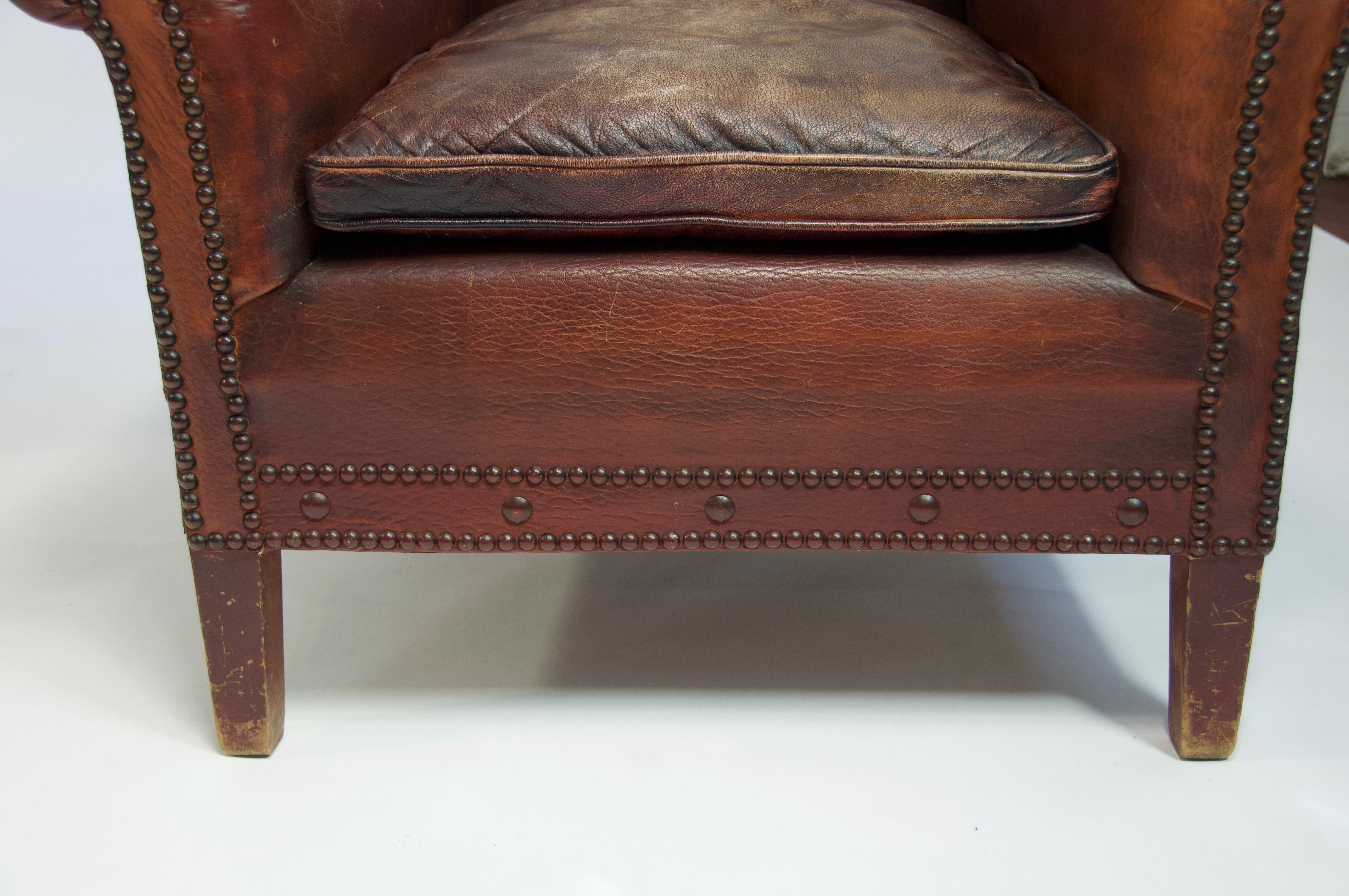 Pair of 1920s European Leather Lounge Chairs In Fair Condition In Turners Falls, MA