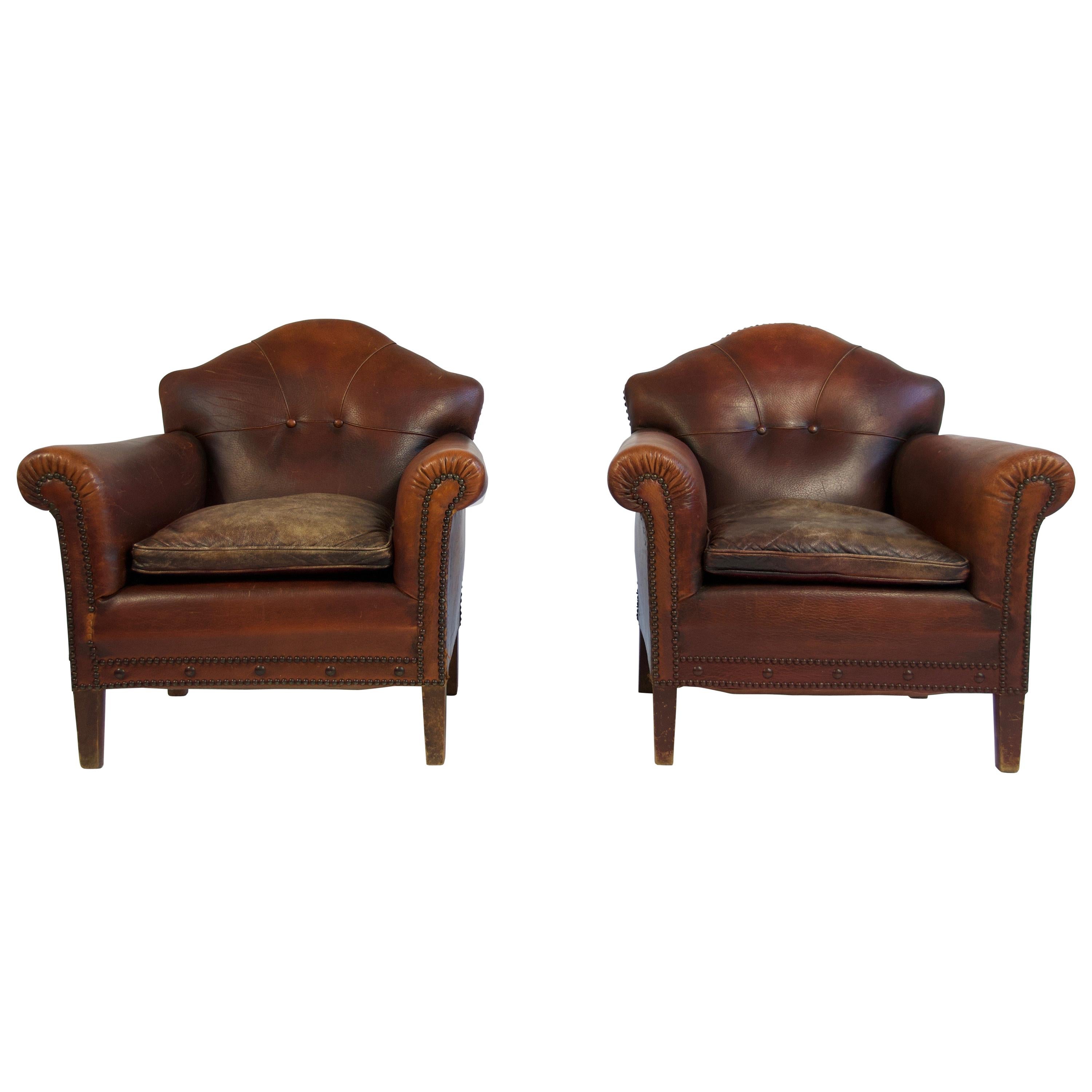 Pair of 1920s European Leather Lounge Chairs