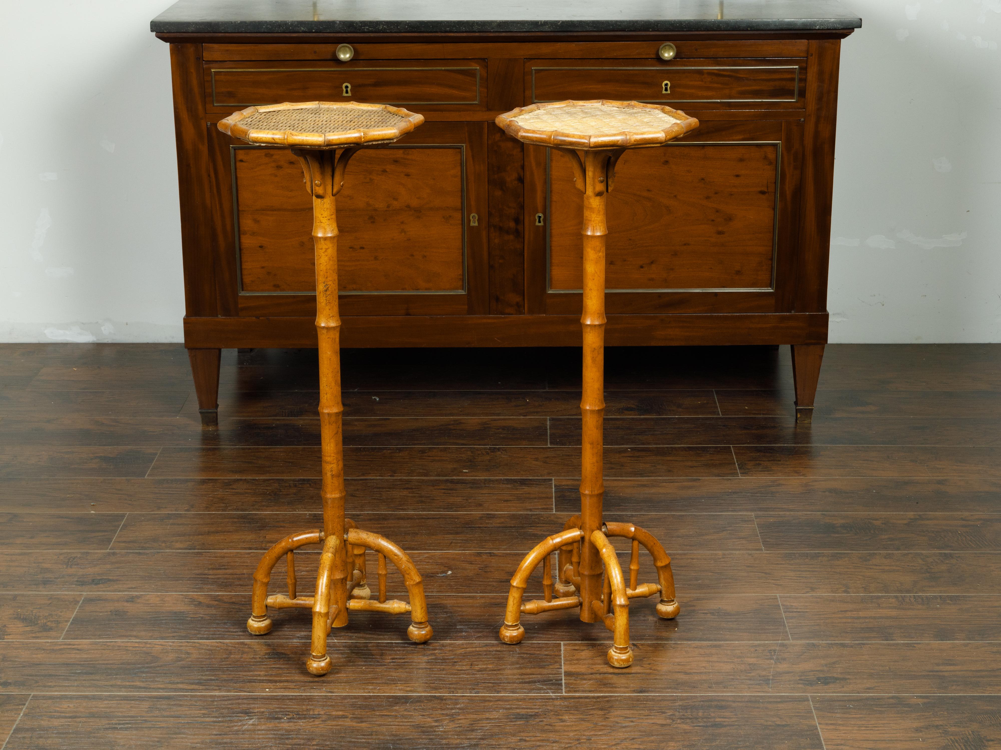 Pair of 1920s Faux Bamboo Stands with Octagonal Rattan Tops and Quadripod Bases 1