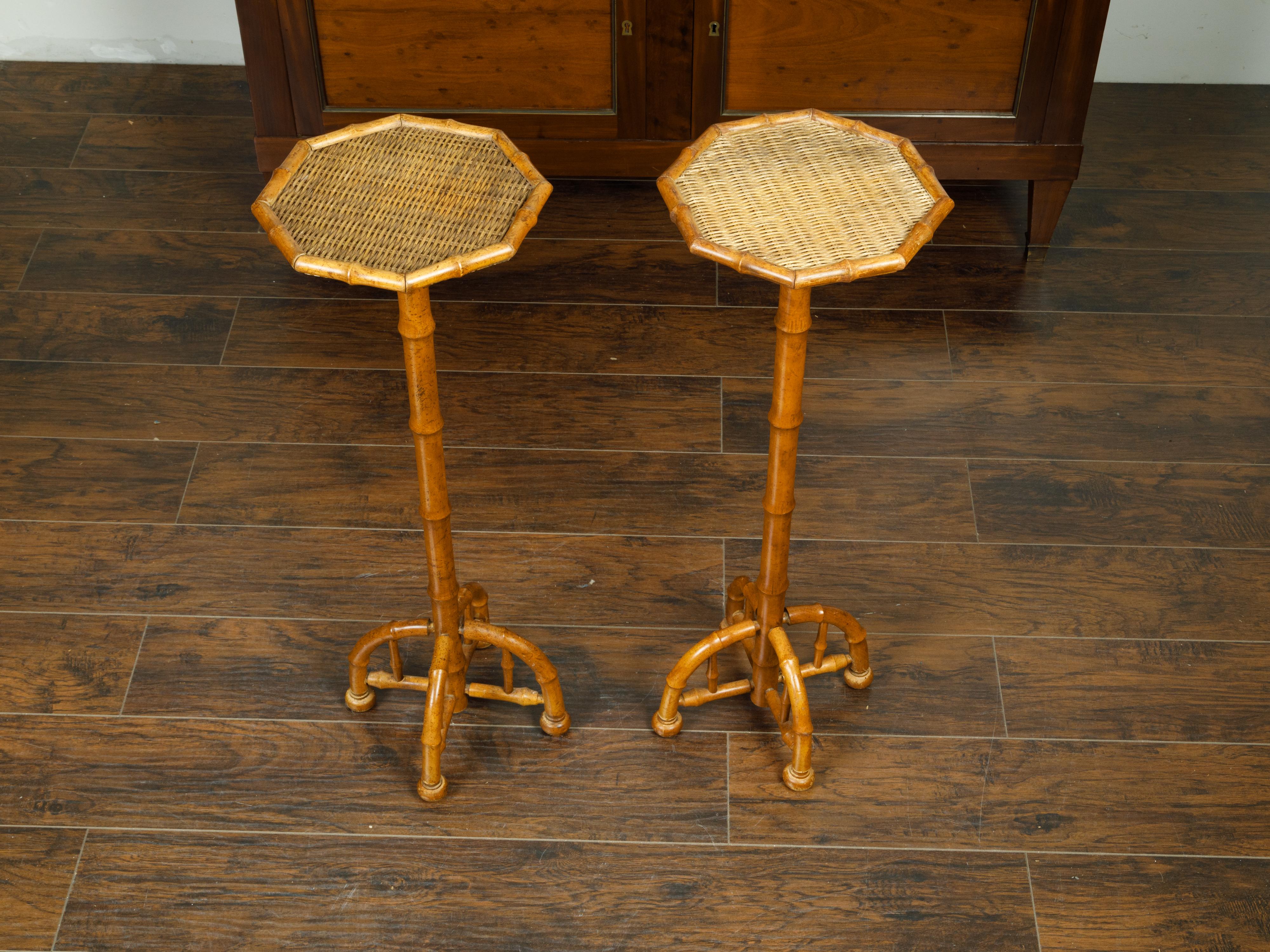 Pair of 1920s Faux Bamboo Stands with Octagonal Rattan Tops and Quadripod Bases 2