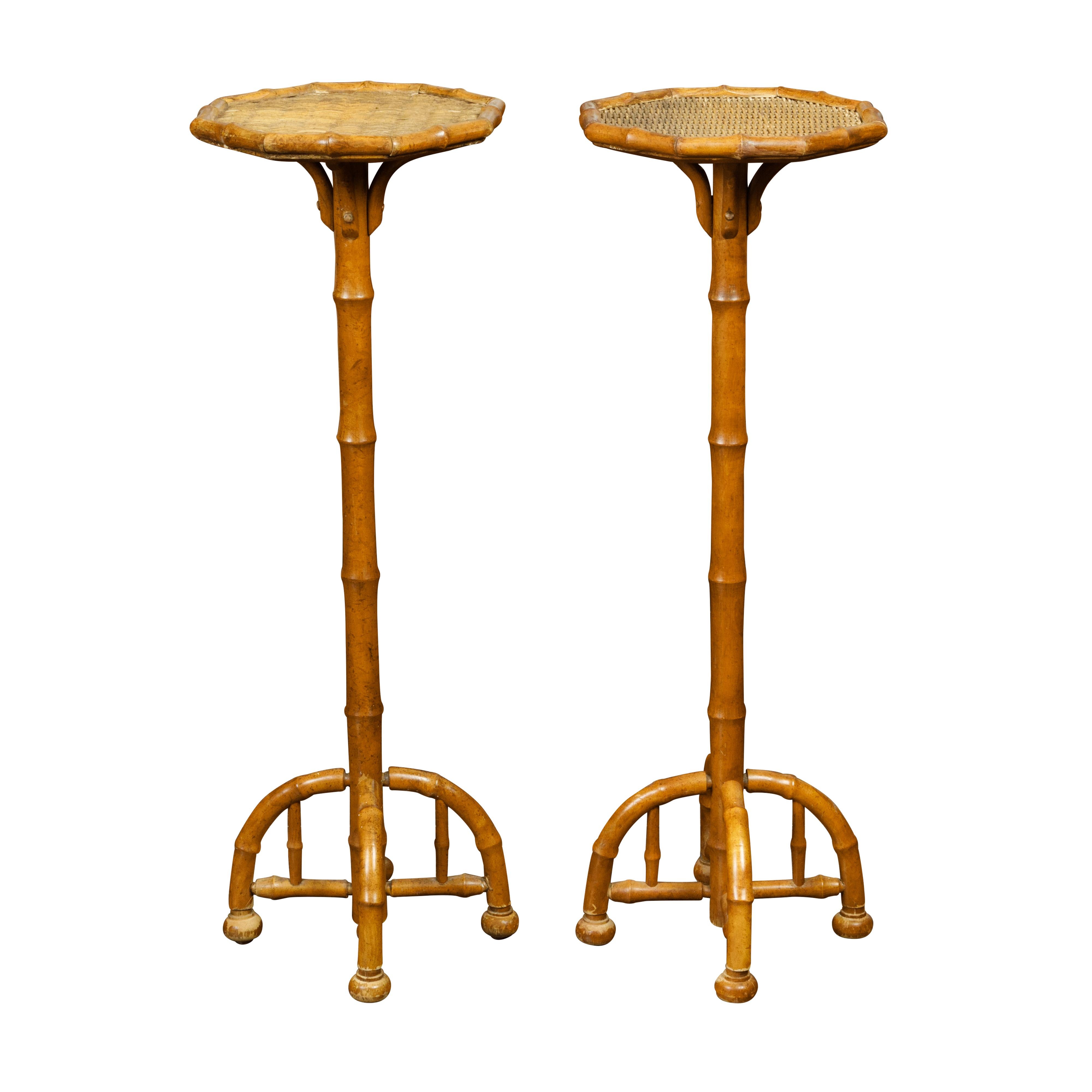 Pair of 1920s Faux Bamboo Stands with Octagonal Rattan Tops and Quadripod Bases