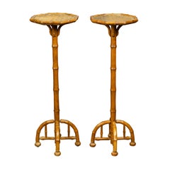 Pair of 1920s Faux Bamboo Stands with Octagonal Rattan Tops and Quadripod Bases