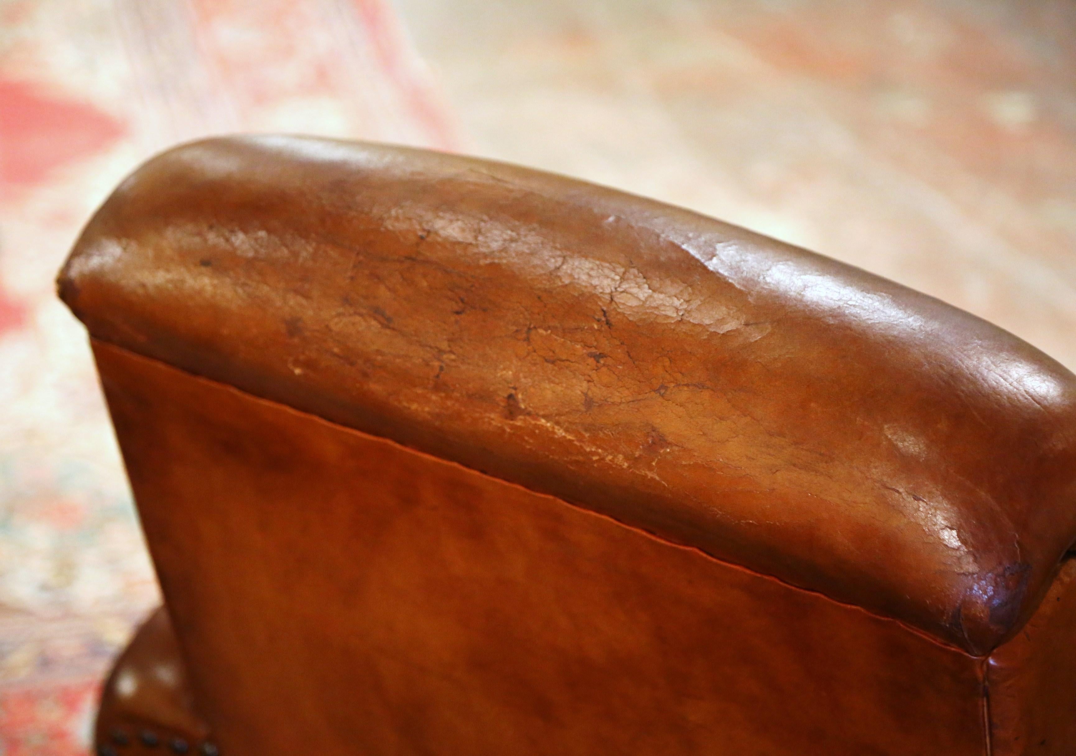 Pair of 1920s French Art Deco Club Armchairs with Original Brown Leather For Sale 6