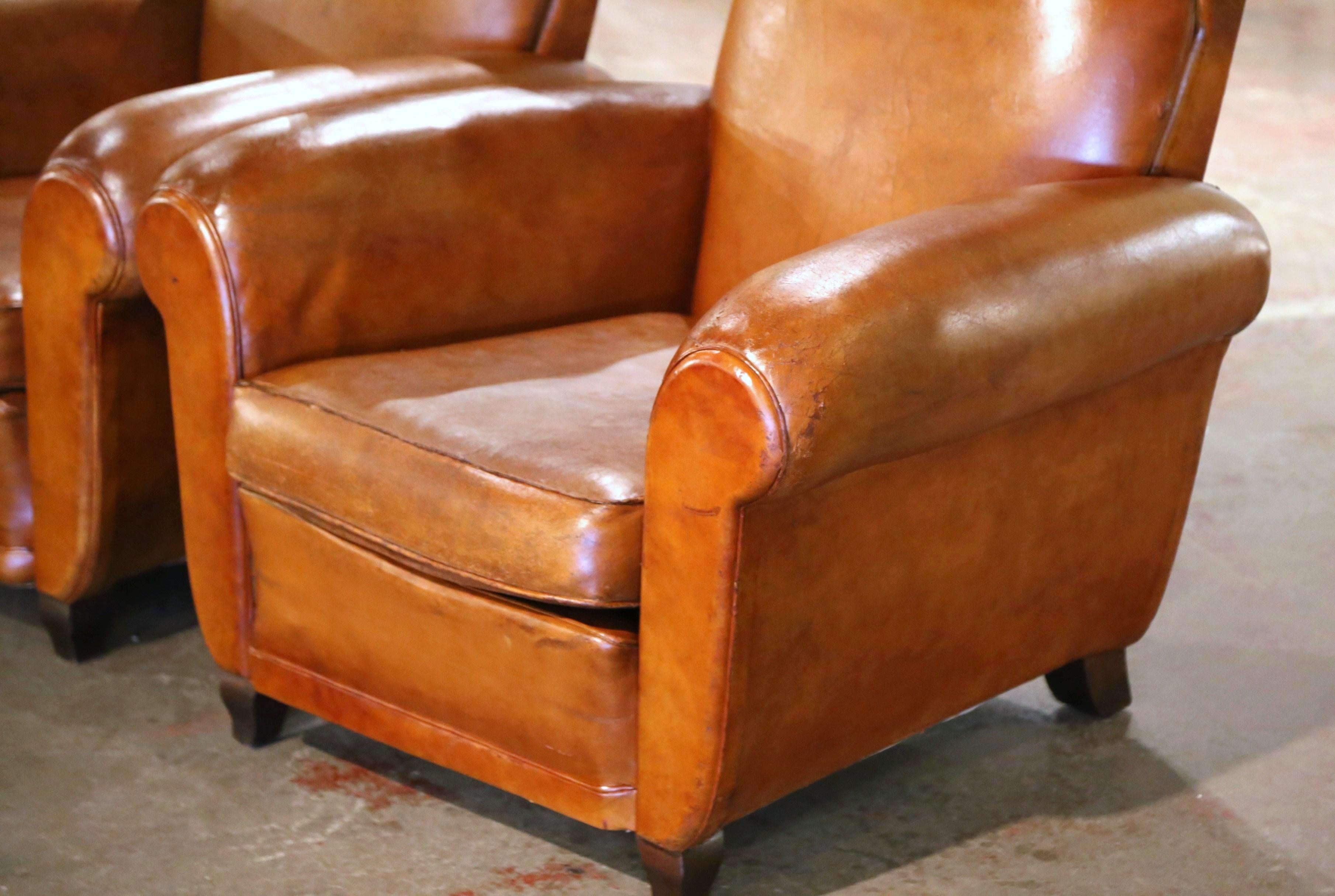Hand-Crafted Pair of 1920s French Art Deco Club Armchairs with Original Brown Leather For Sale