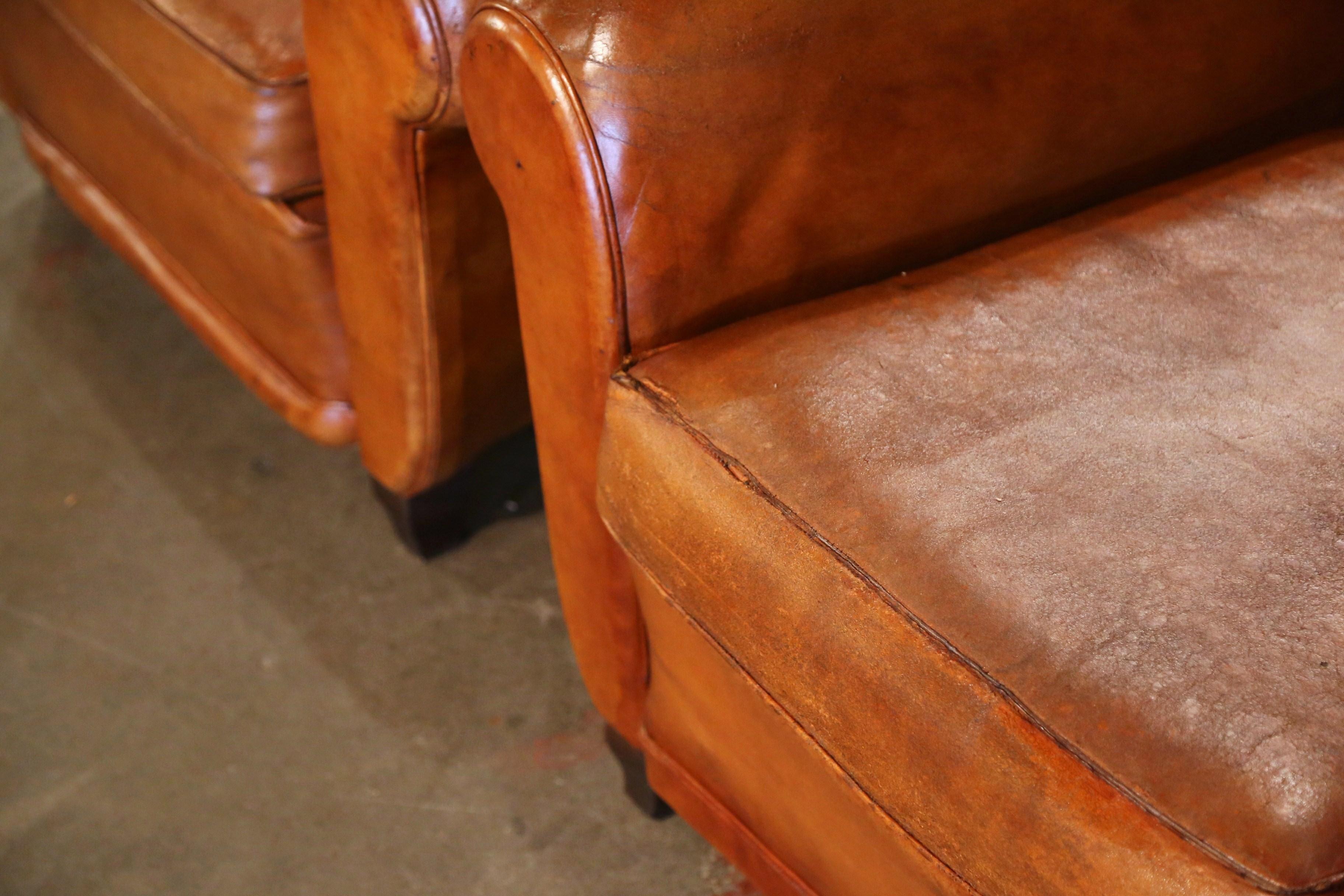20th Century Pair of 1920s French Art Deco Club Armchairs with Original Brown Leather For Sale