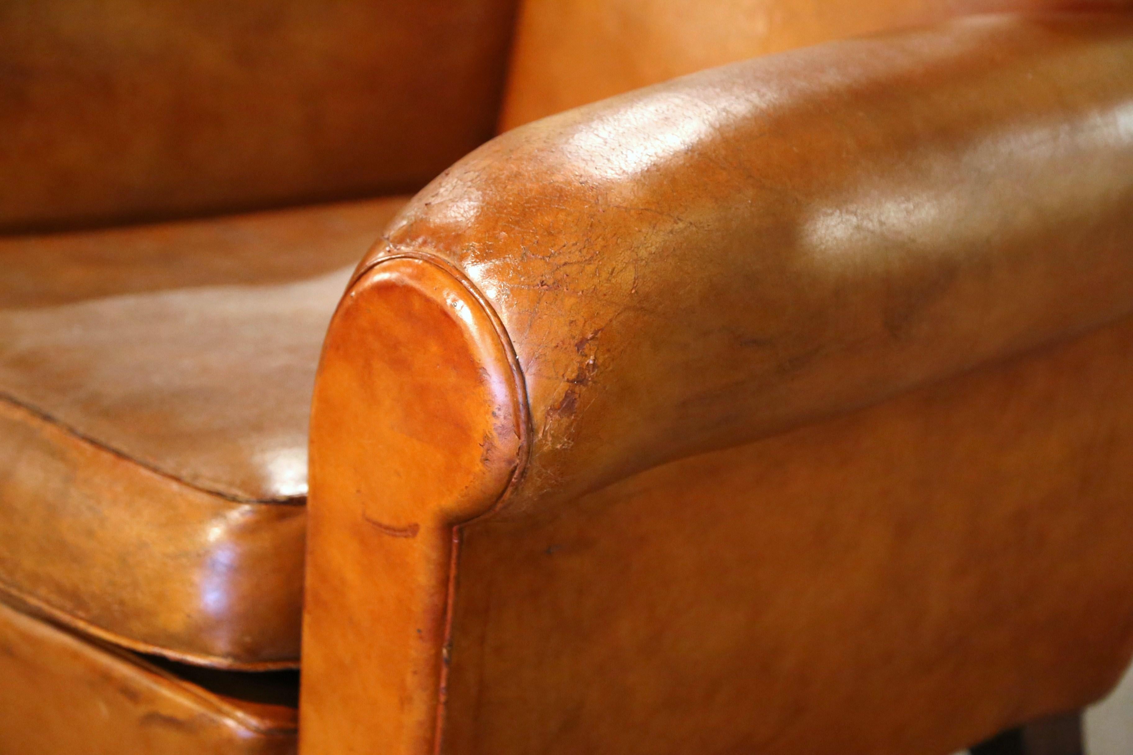 Pair of 1920s French Art Deco Club Armchairs with Original Brown Leather For Sale 1