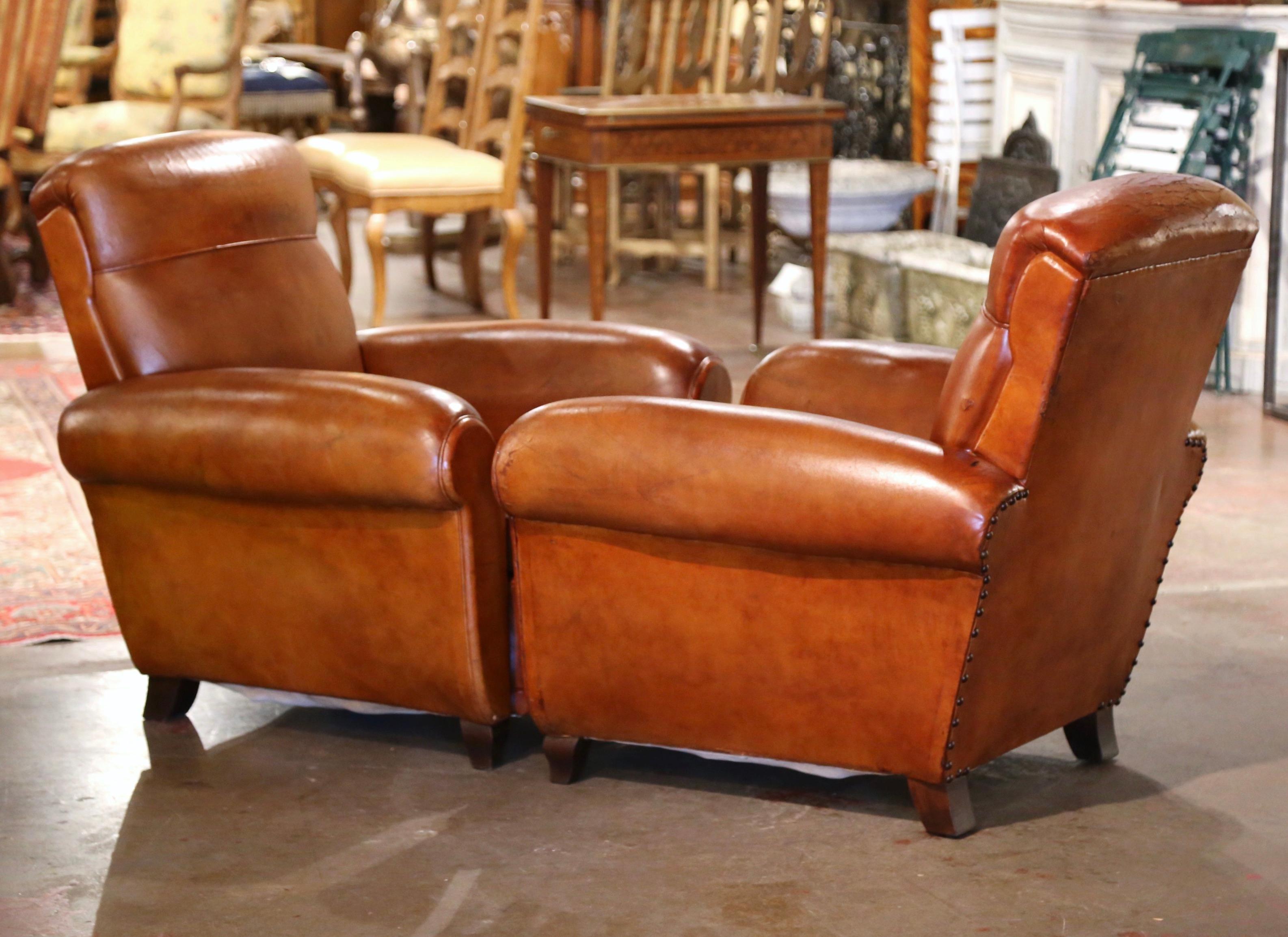 Pair of 1920s French Art Deco Club Armchairs with Original Brown Leather For Sale 2