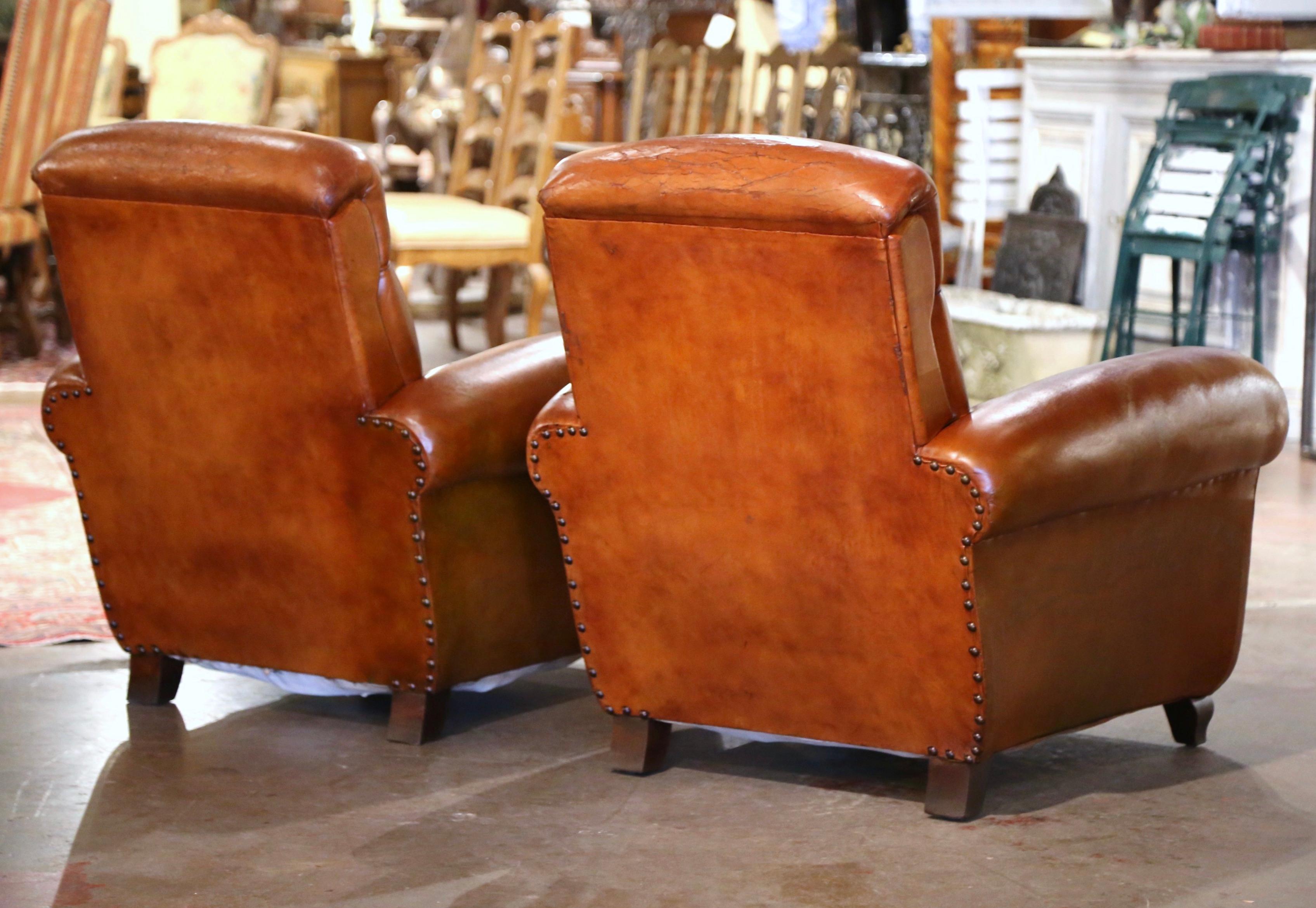 Pair of 1920s French Art Deco Club Armchairs with Original Brown Leather For Sale 4