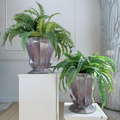 Pair of 1920's French Art Deco Enameled Iron Urns in Grape Purple Finish