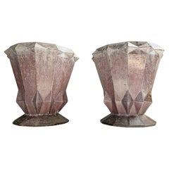 Pair of 1920's French Art Deco Enameled Iron Urns in Grape Purple Finish