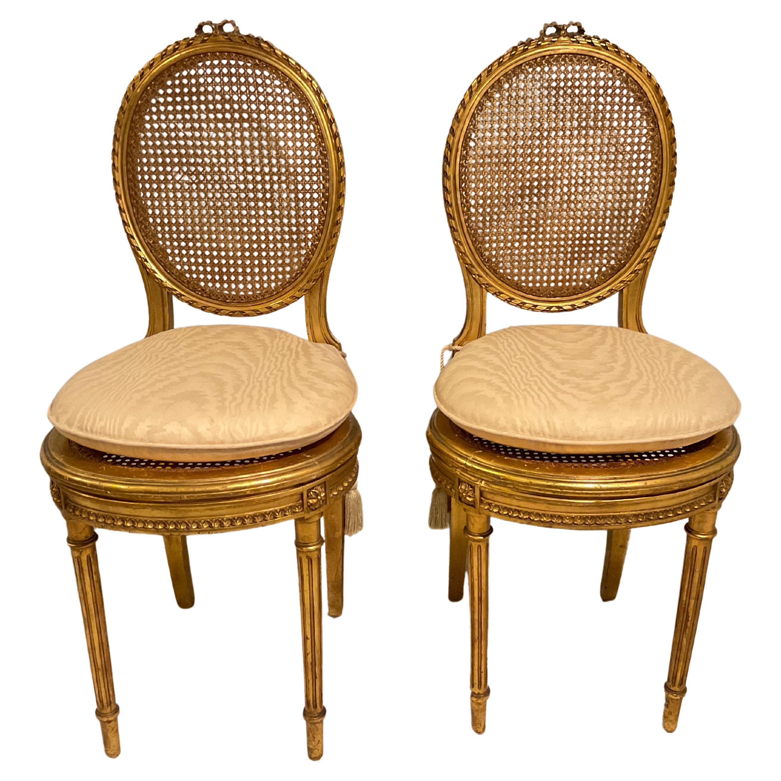 Pair Of 1920s French Carved Gilt Wood Petite Side Chairs For Sale