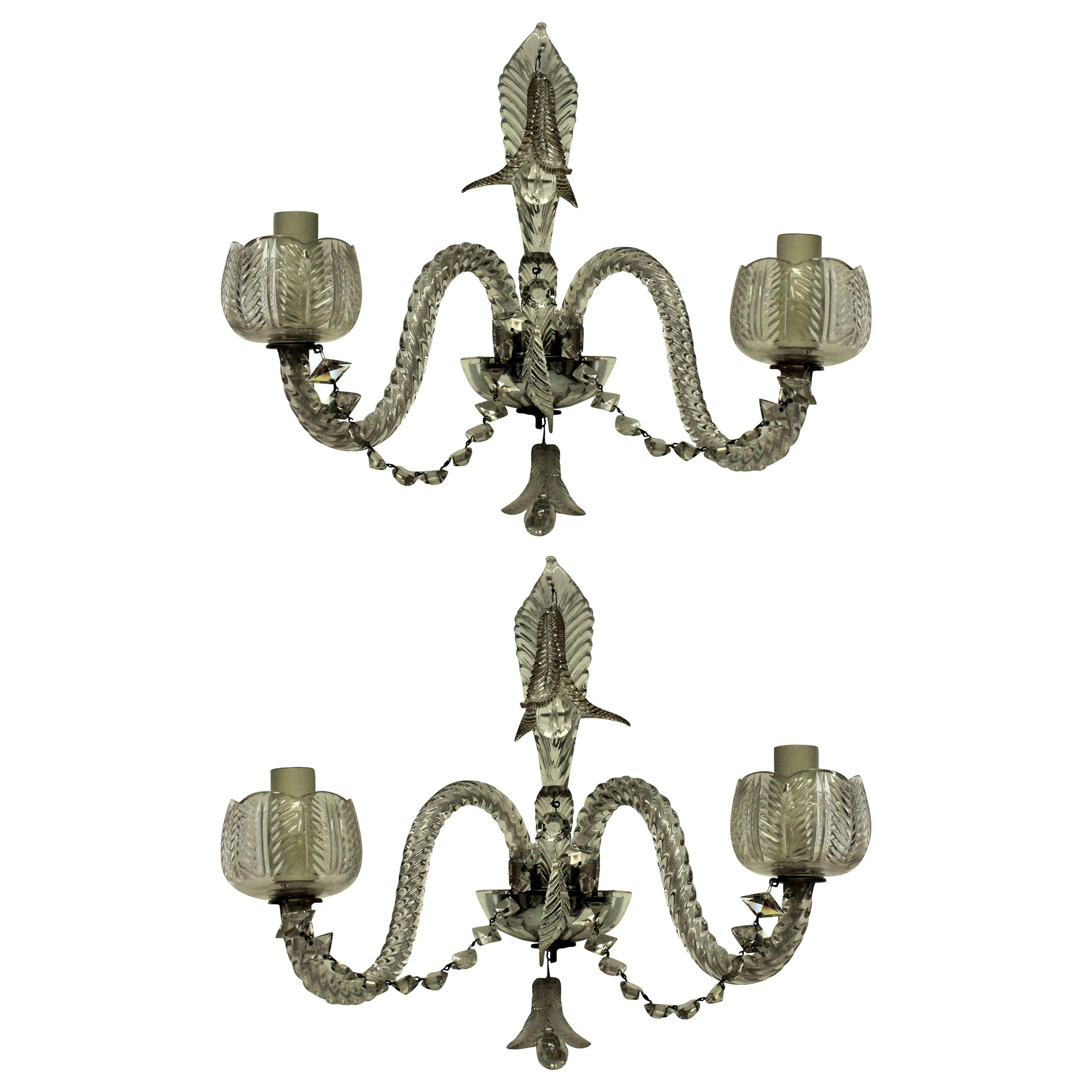 Pair of 1920s French Cut-Glass Wall Lights