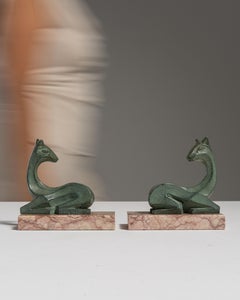 Pair of 1920s French Forest Green Art Deco Signed Figures on Marble Bases