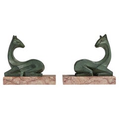 Pair of 1920s French Forest Green Art Deco Signed Figures on Marble Bases