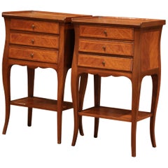 Pair of 1920s French Louis XV Walnut Marquetry Three-Drawer Nightstands Tables