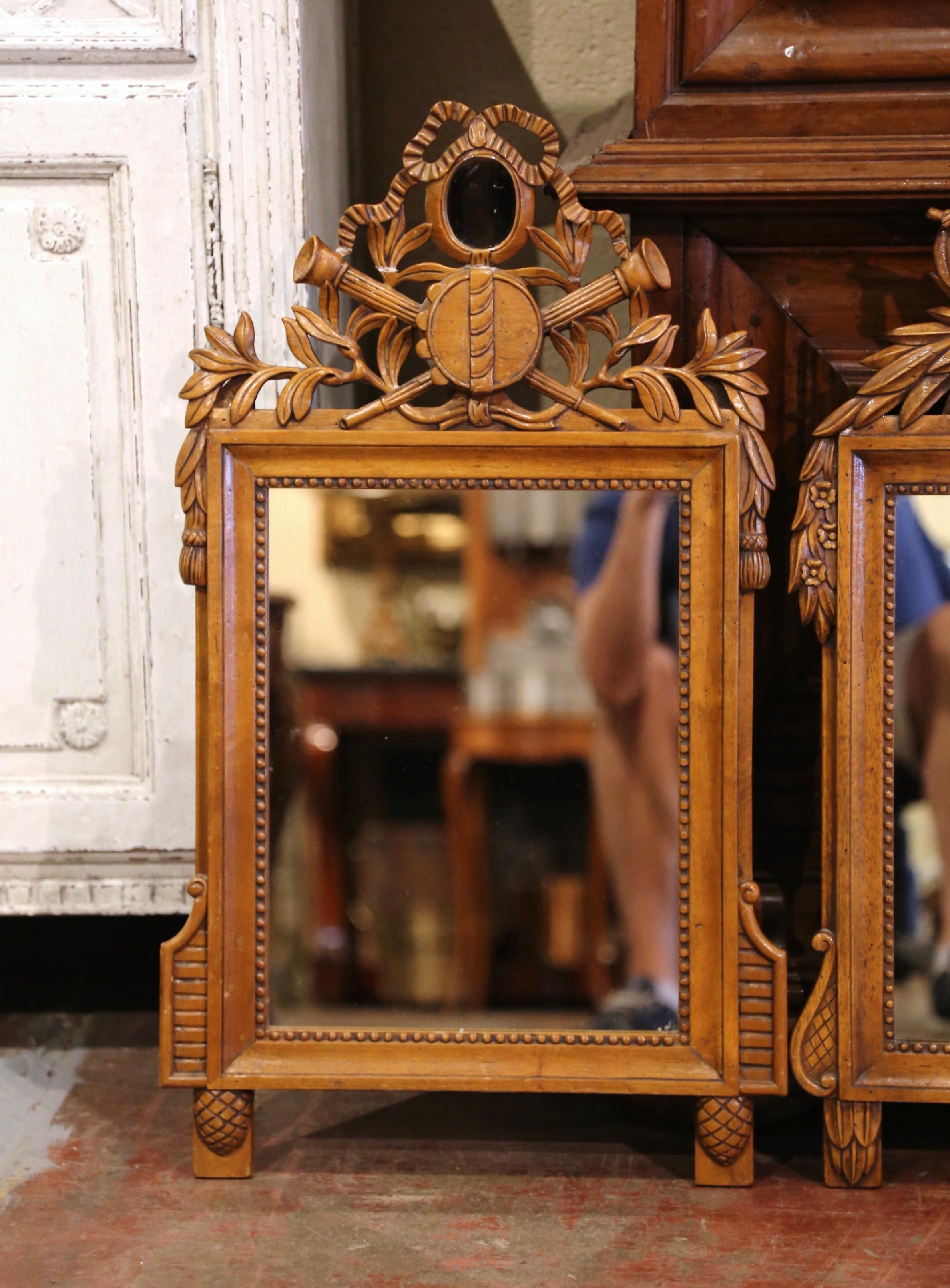Hand-Carved Pair of 1920's French Louis XVI Carved Walnut Wall Mirrors from Provence