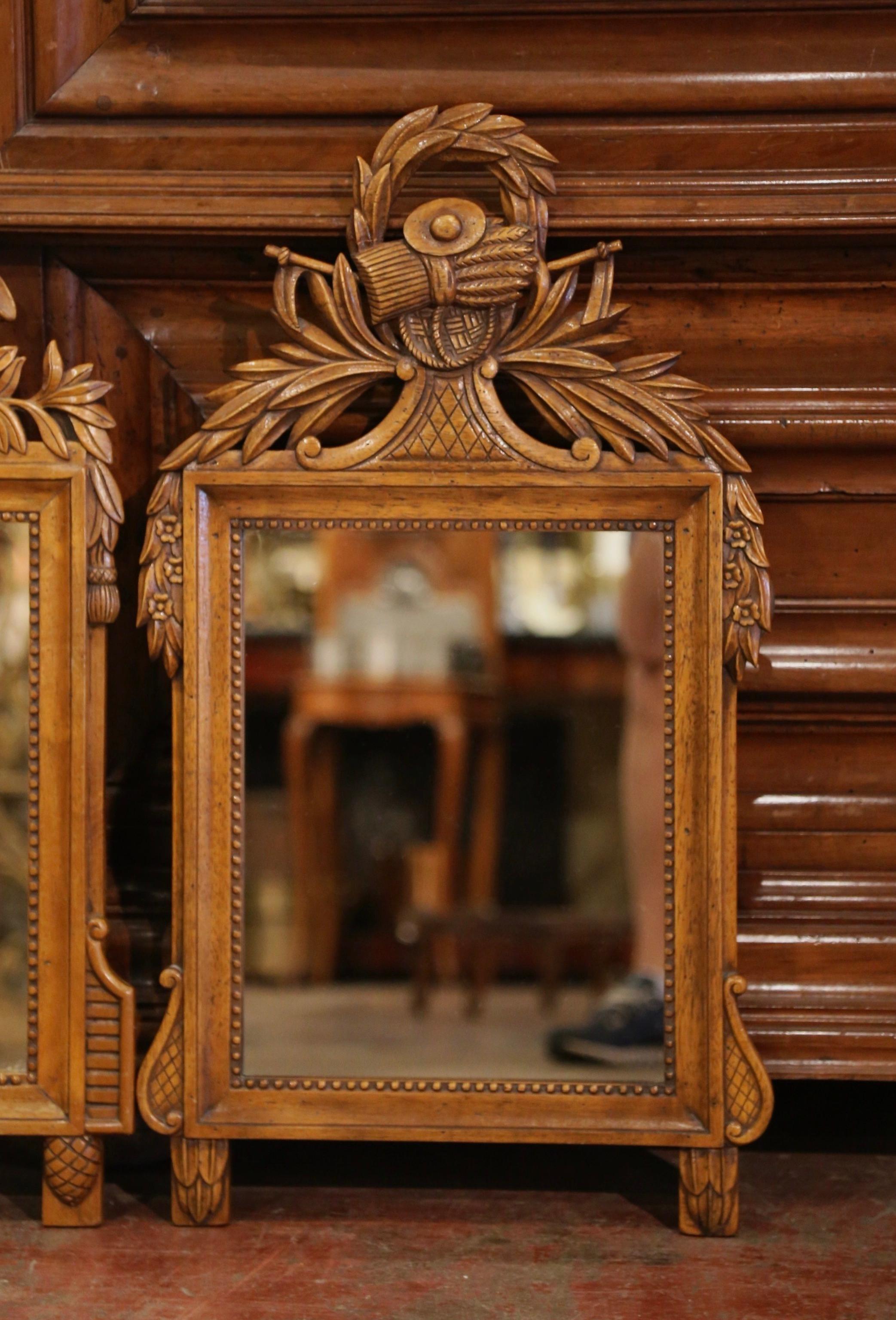 Pair of 1920's French Louis XVI Carved Walnut Wall Mirrors from Provence In Excellent Condition In Dallas, TX