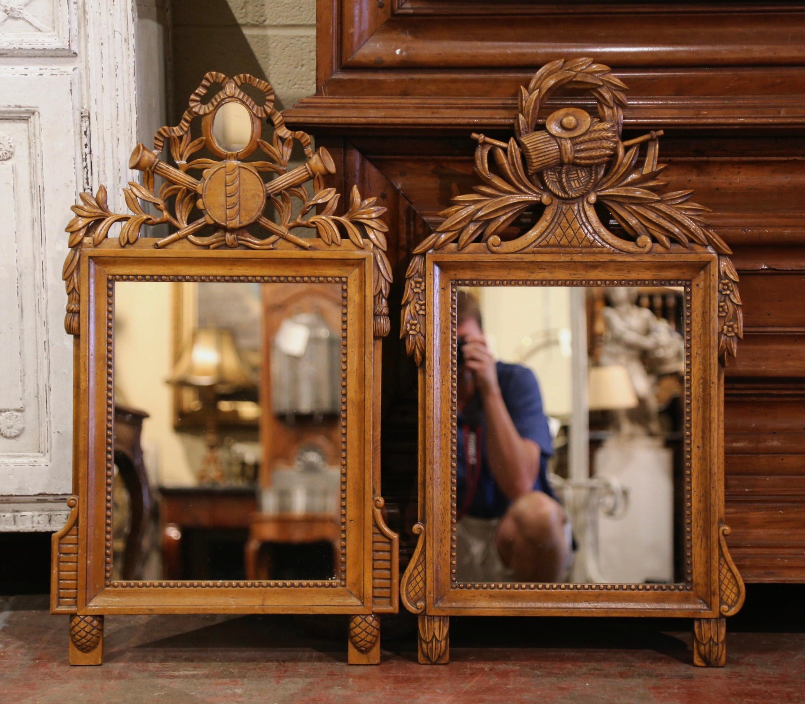 20th Century Pair of 1920's French Louis XVI Carved Walnut Wall Mirrors from Provence
