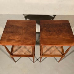 Pair of 1920s French Mahogany and Cane 2-Tier Lamp Tables