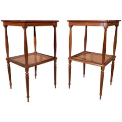 Antique Pair of 1920s French Mahogany and Cane 2-Tier Lamp Tables