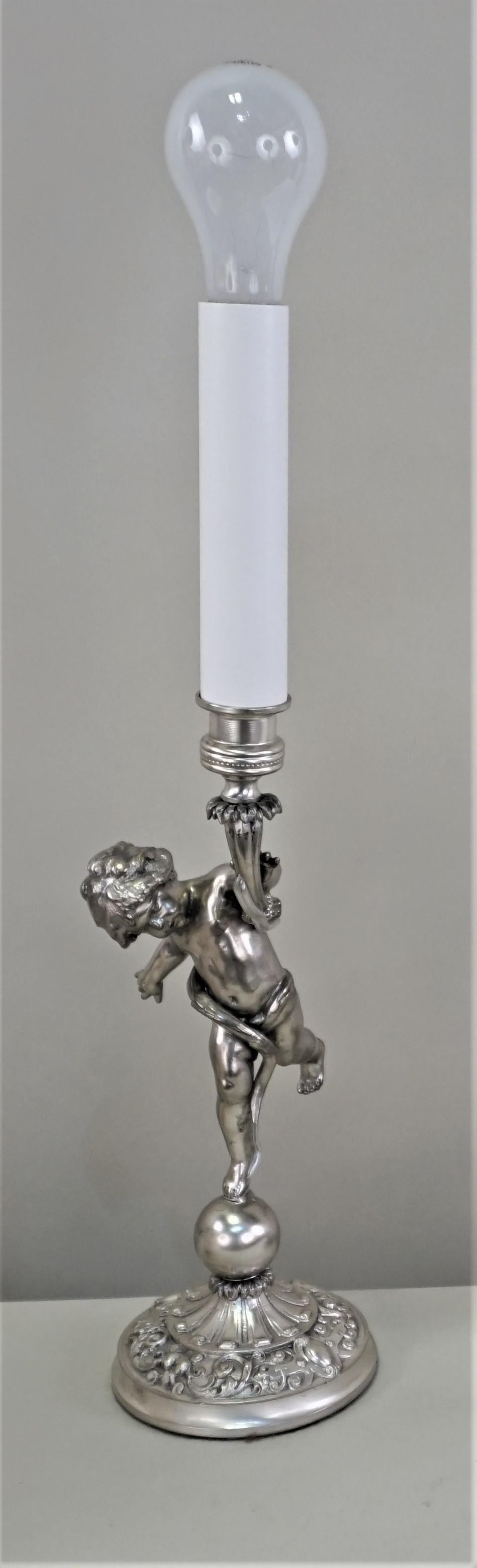 Early 20th Century Pair of 1920s French Silver Cherubs Candlestick Table Lamps