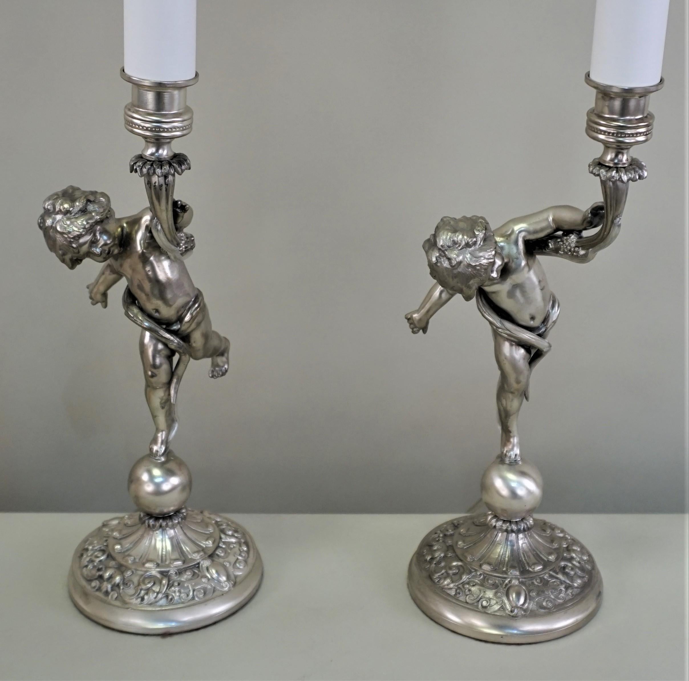 Pair of 1920s French Silver Cherubs Candlestick Table Lamps 1