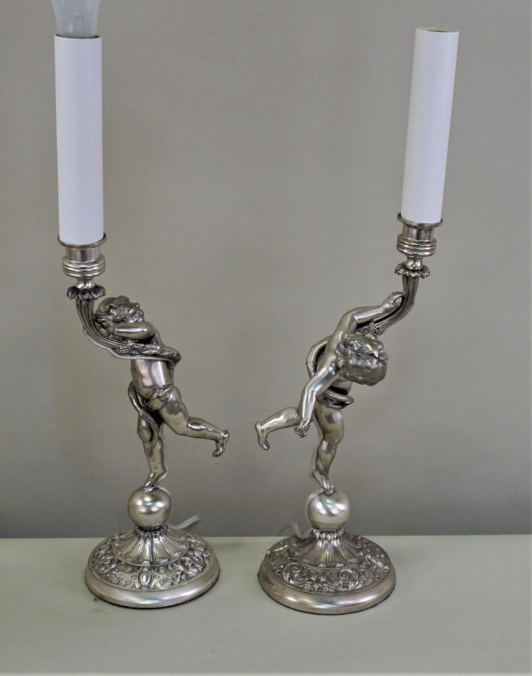 Pair of 1920s French Silver Cherubs Candlestick Table Lamps 2