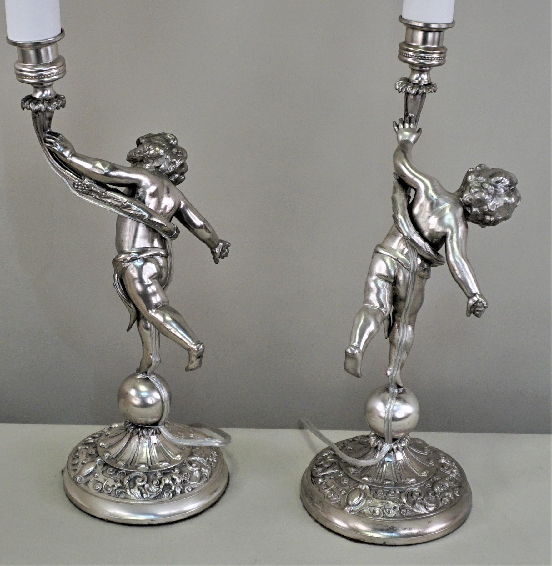 Pair of 1920s French Silver Cherubs Candlestick Table Lamps 4