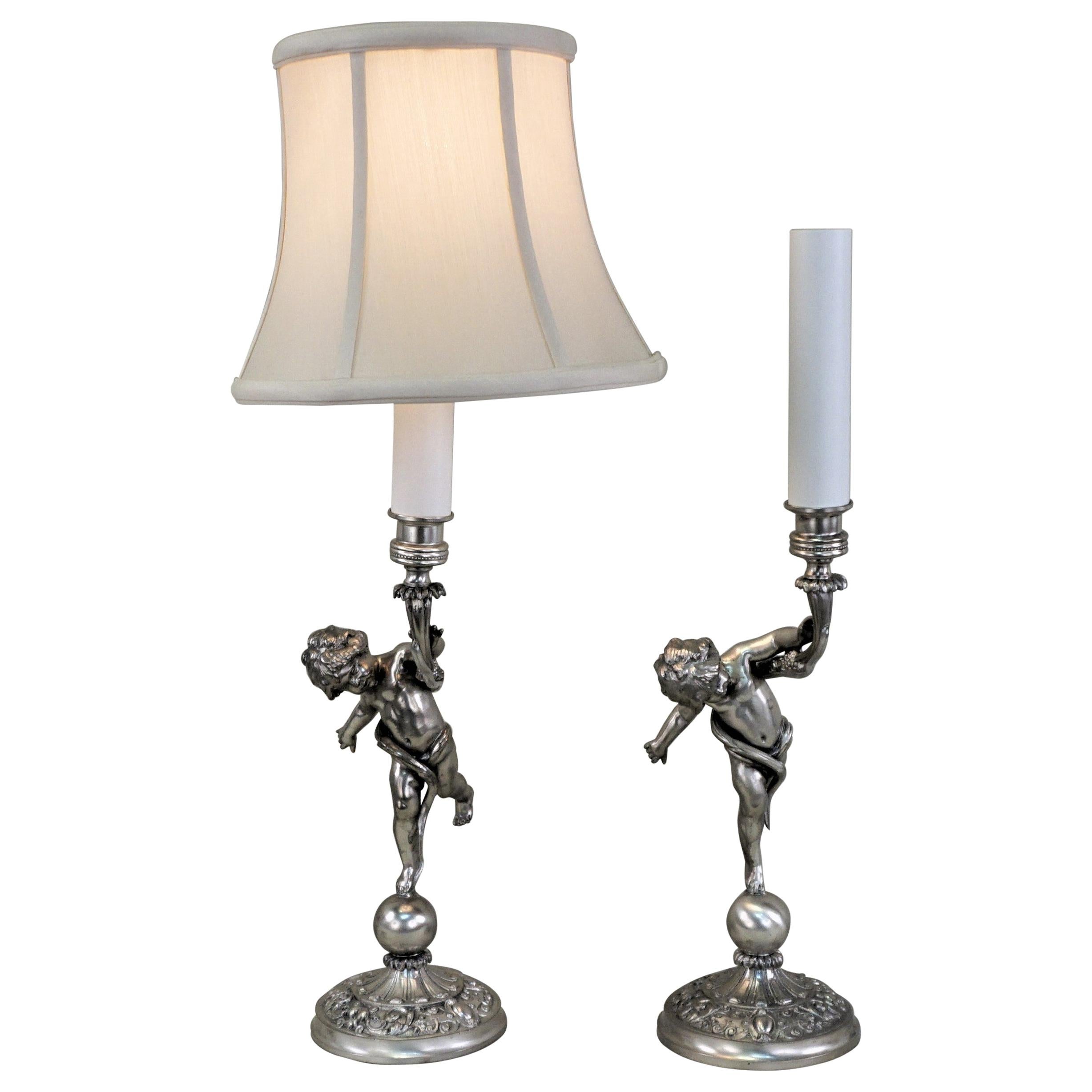 Pair of 1920s French Silver Cherubs Candlestick Table Lamps
