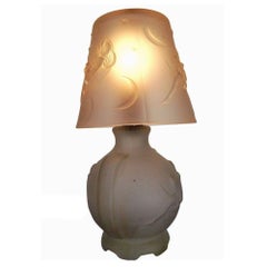 Art Deco Frosted Glass "Lay by the Stars" Crescent Moon Boudoir Lamp Pair, 1920