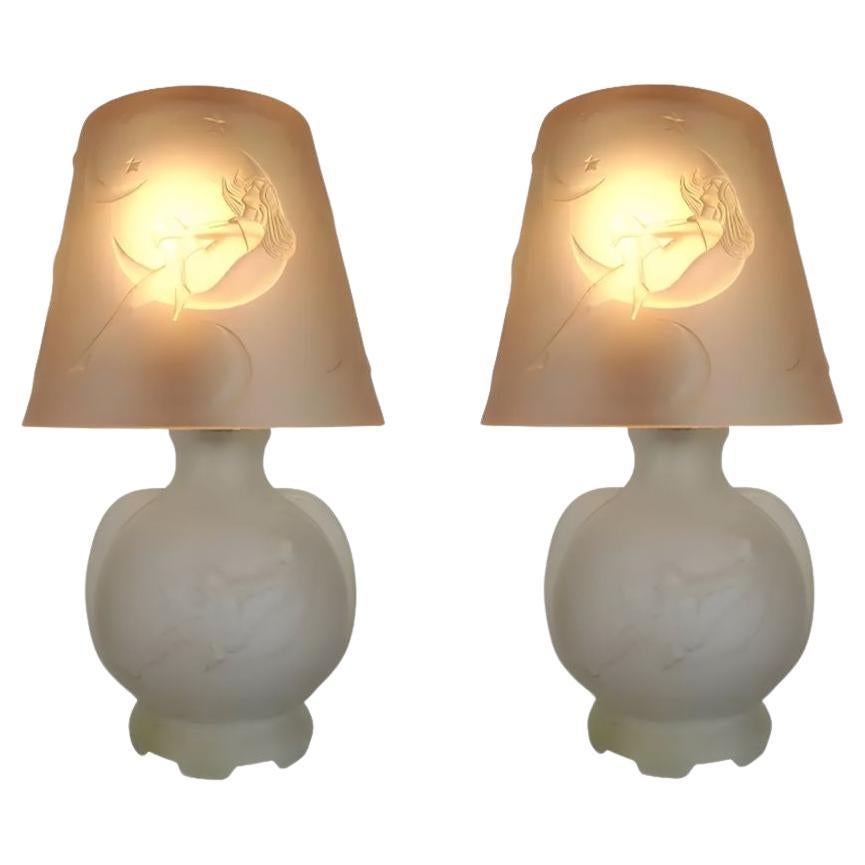 Art Deco Frosted Glass "Lay by the Stars" Crescent Moon Boudoir Lamp Pair, 1920