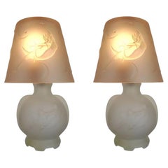 Art Deco Frosted Glass "Lay by the Stars" Crescent Moon Boudoir Lamp Pair, 1920