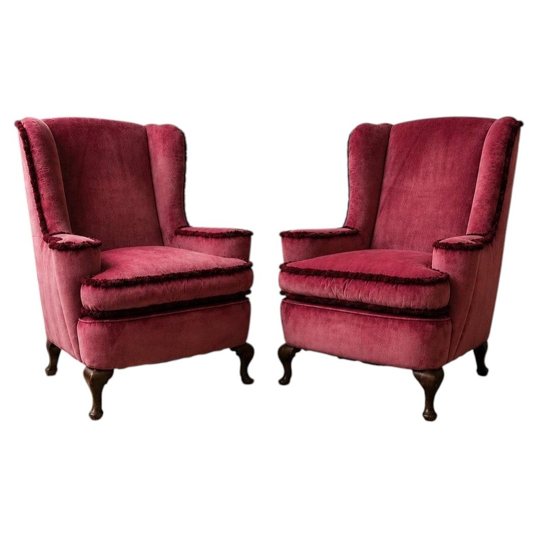 Pair of 1920s Georgian Style Wingback Lounge Chairs in French Rose Velvet