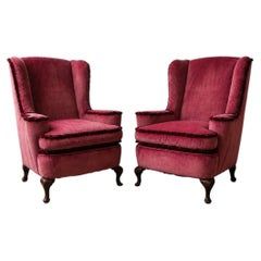 Pareja de sillones reclinables de estilo georgiano de los años 20 en terciopelo rosa francés
