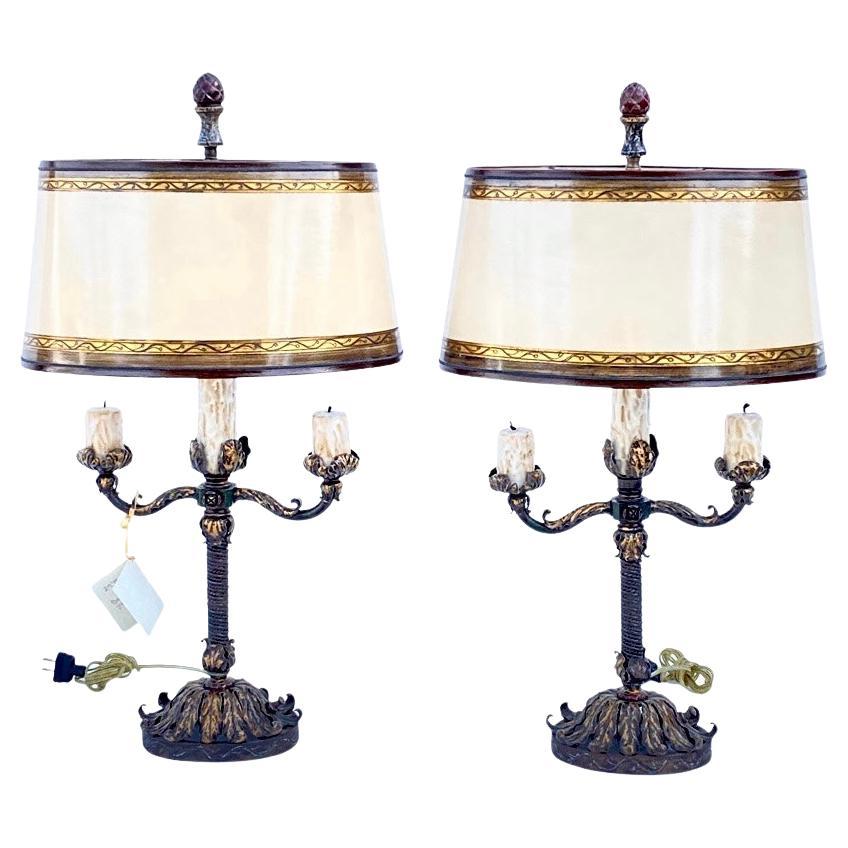 Pair of 1920s Hand Wrought Iron Candlestick Lamp