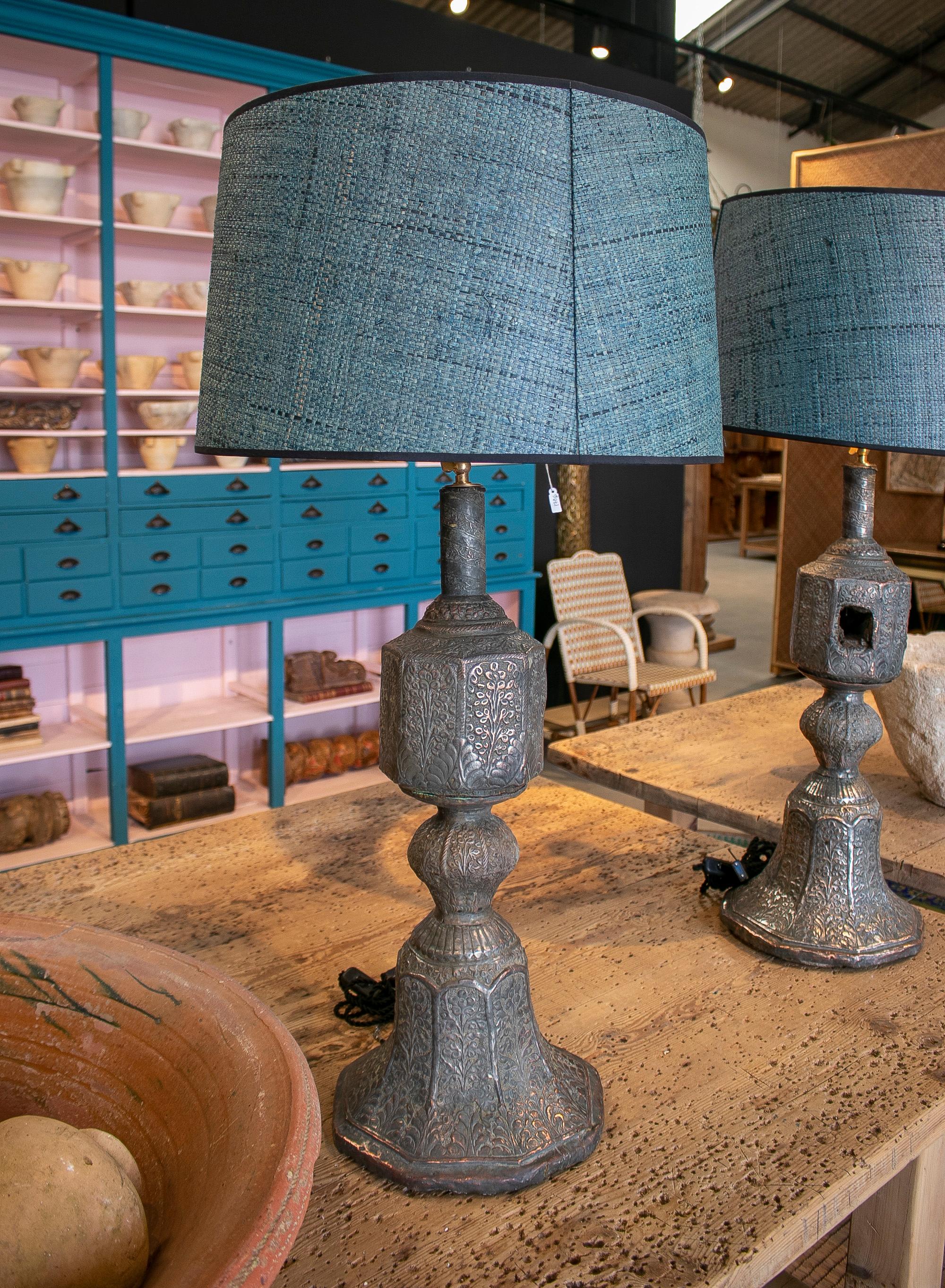 Pair of 1920s Indian Silvered Metal Bed Legs Turned Table Lamps In Good Condition In Marbella, ES