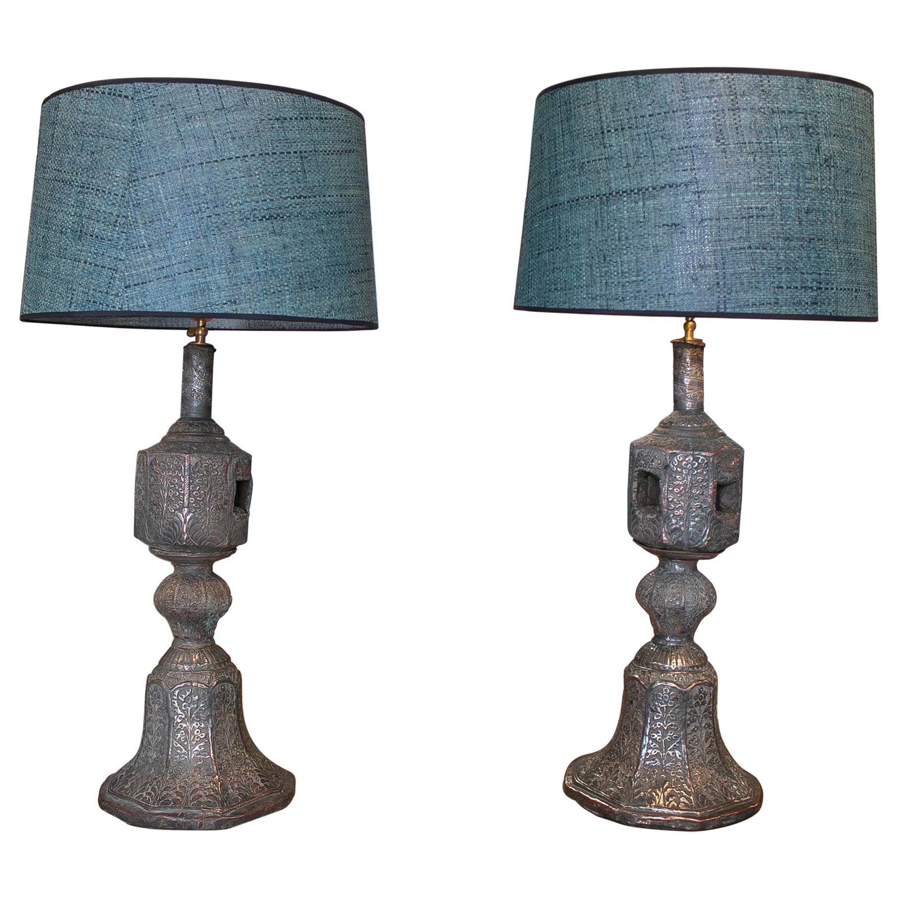 Pair of 1920s Indian Silvered Metal Bed Legs Turned Table Lamps