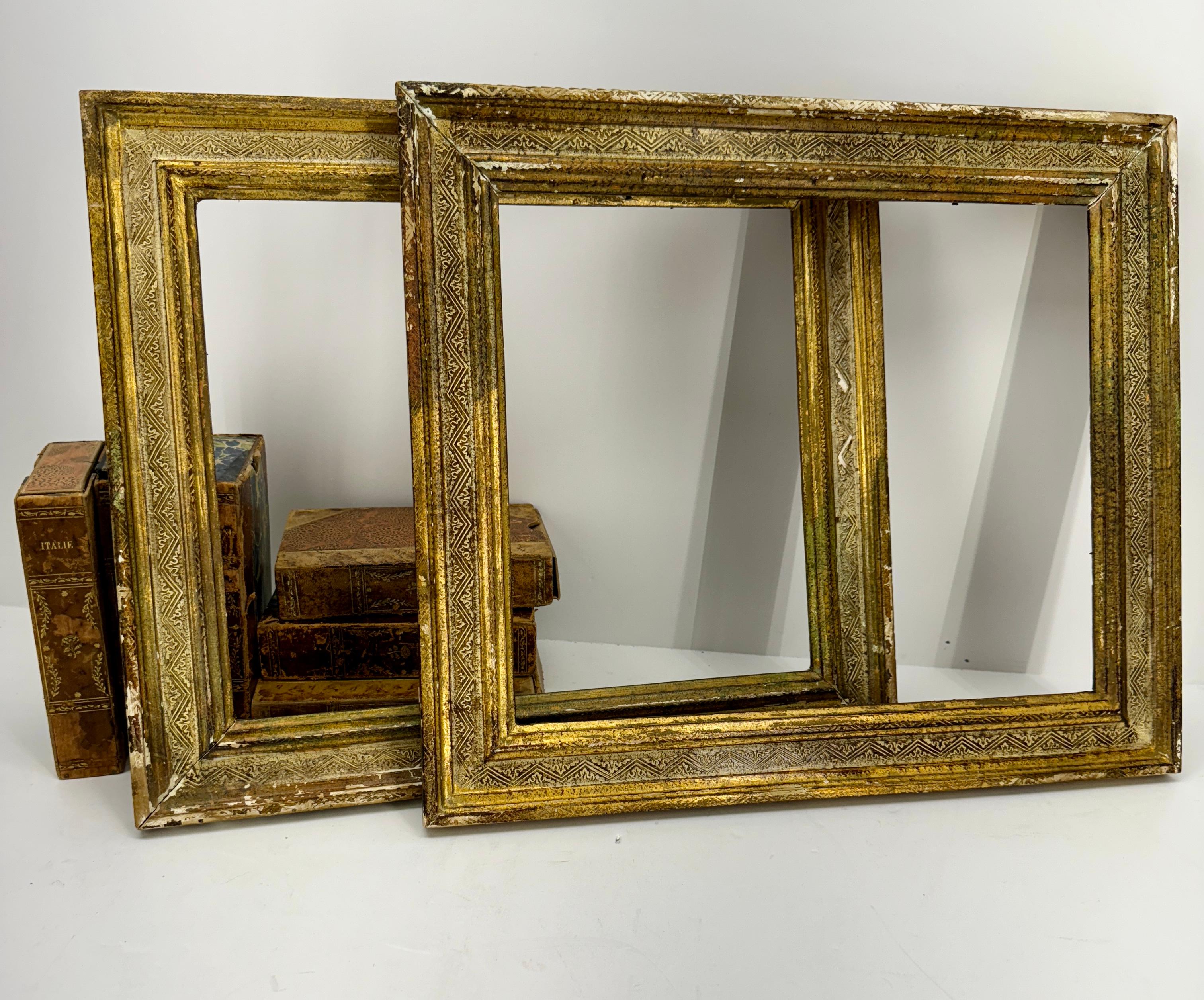 Italian Pair of Florentine Art Frames in Gilt Wood, circa 1920

These impressive detailed frames would be suitable for most style artwork including prints, watercolors as well as oil on board paintings. Please note the authentic charming label on