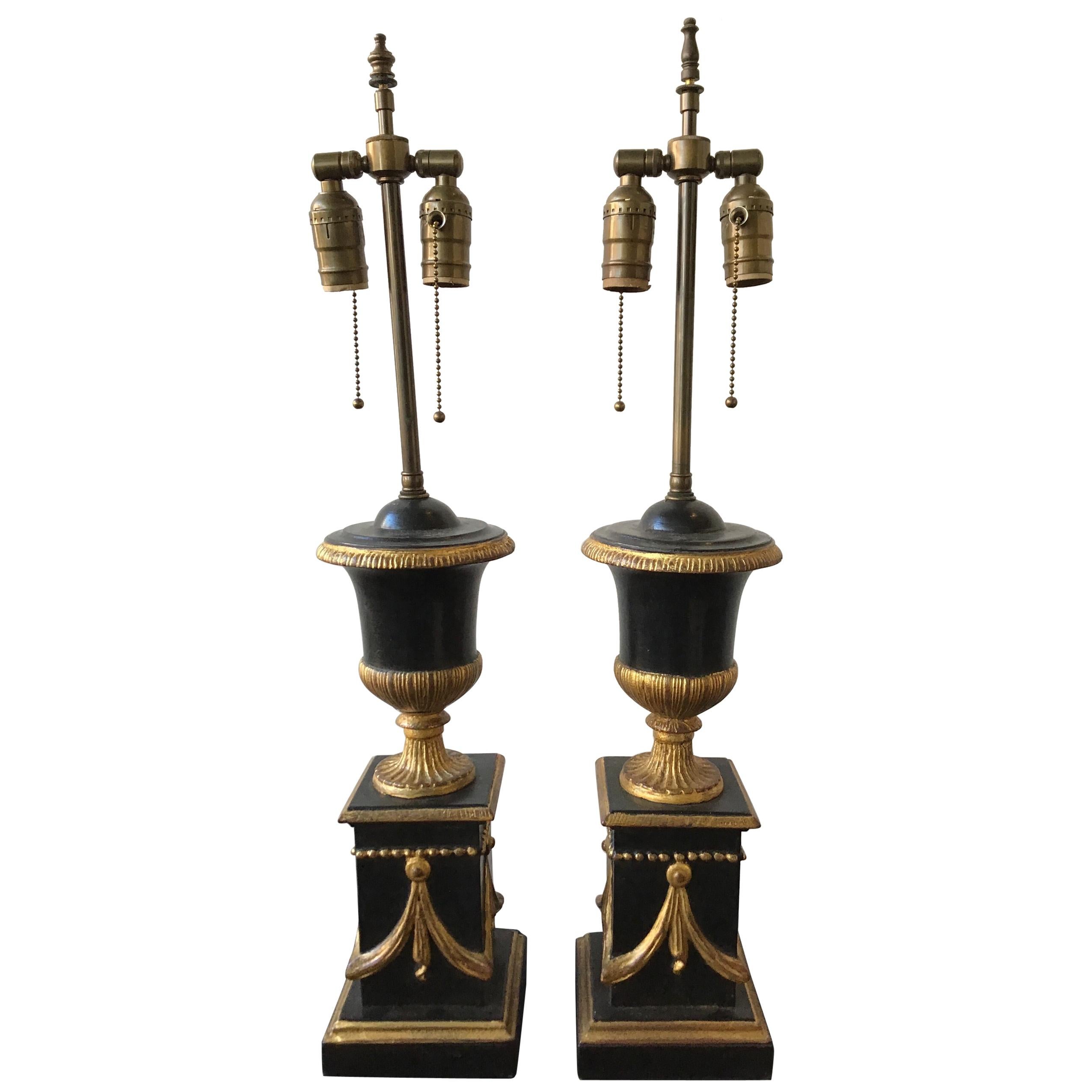 Pair of 1920s Italian Giltwood Urn Lamps For Sale