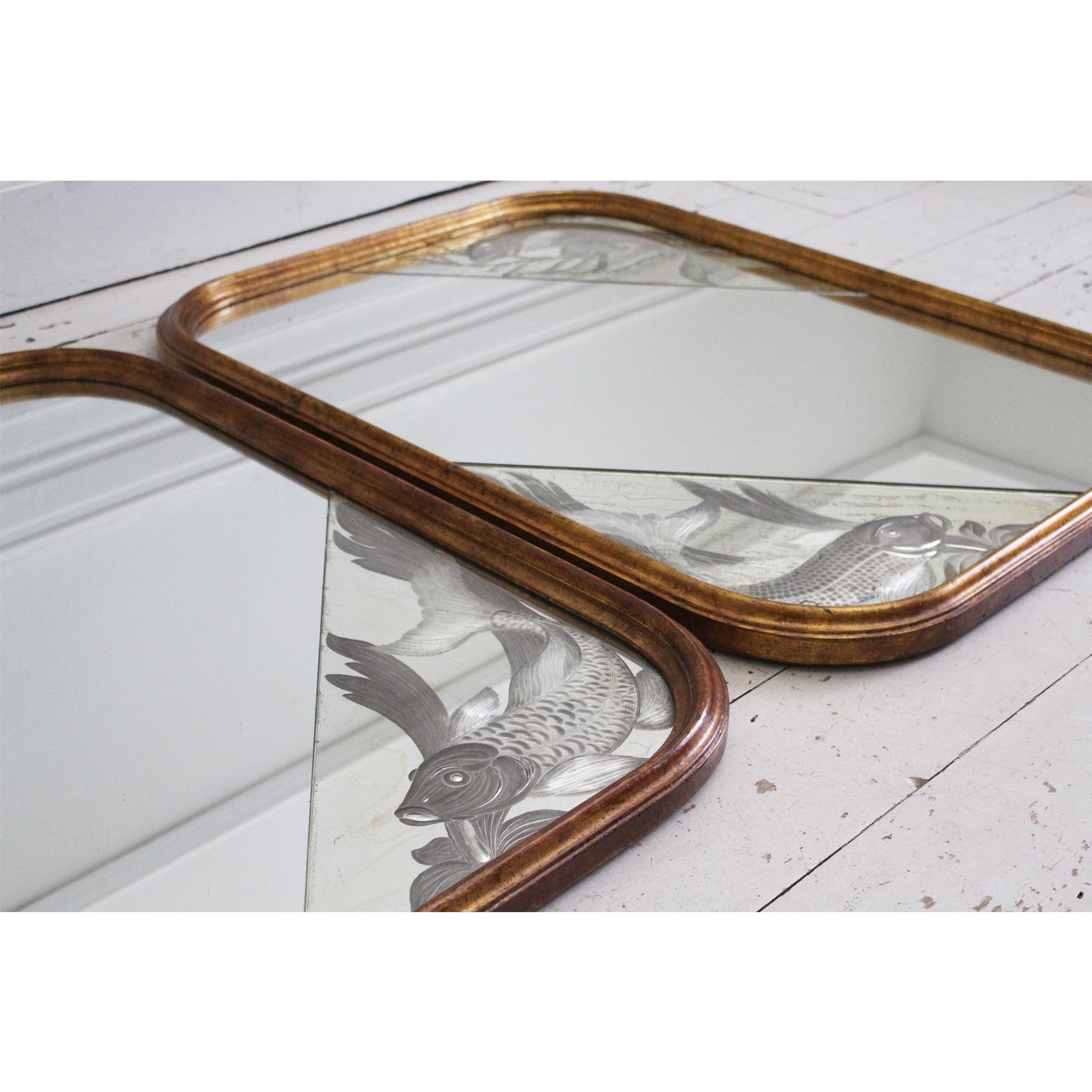 Early 20th Century Pair of 1920s Italian Mirrors with Etched Fish and Gilt Frames