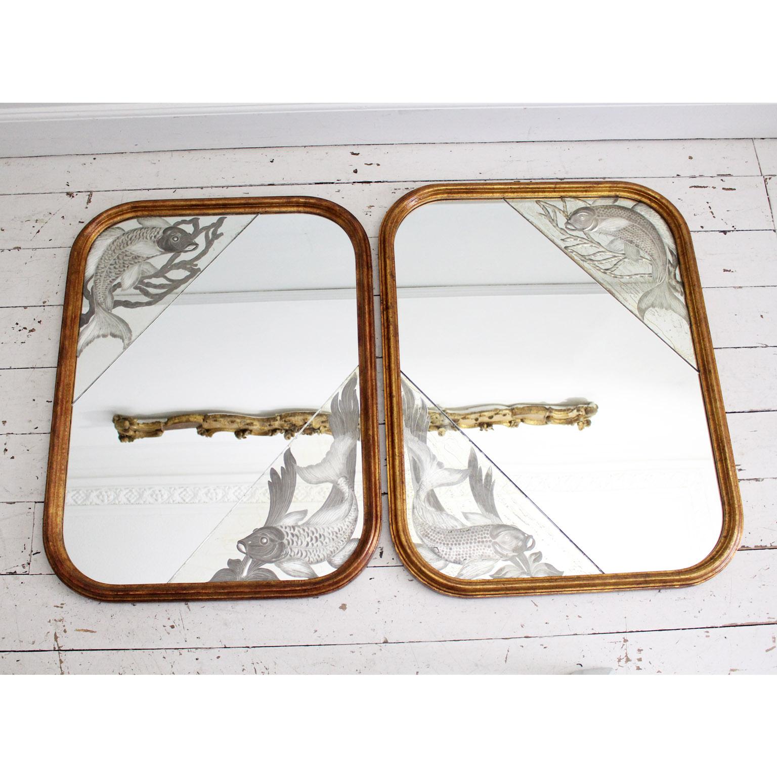 Pair of 1920s Italian Mirrors with Etched Fish and Gilt Frames 1