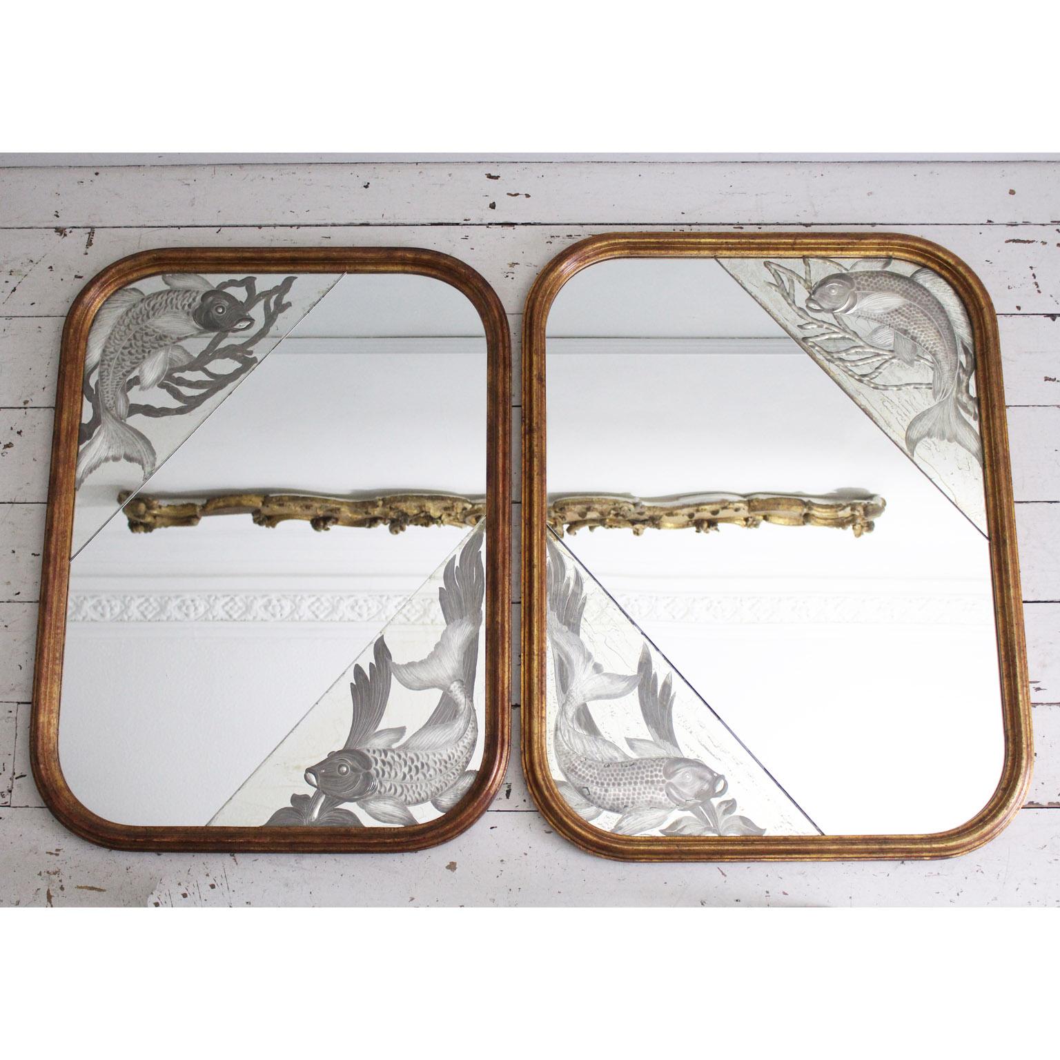 Pair of 1920s Italian Mirrors with Etched Fish and Gilt Frames 4