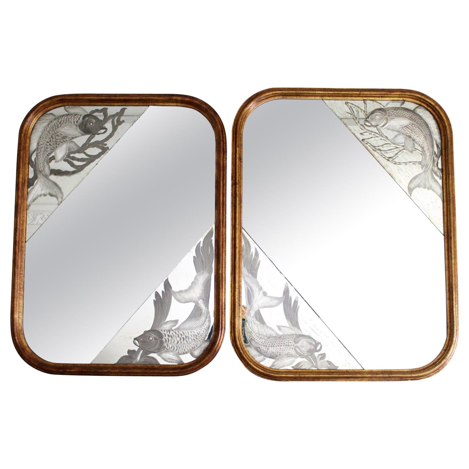 Pair of 1920s Italian Mirrors with Etched Fish and Gilt Frames