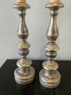 Pair of 1920s Italian Silver Leaf Wood Candlestick Lamps