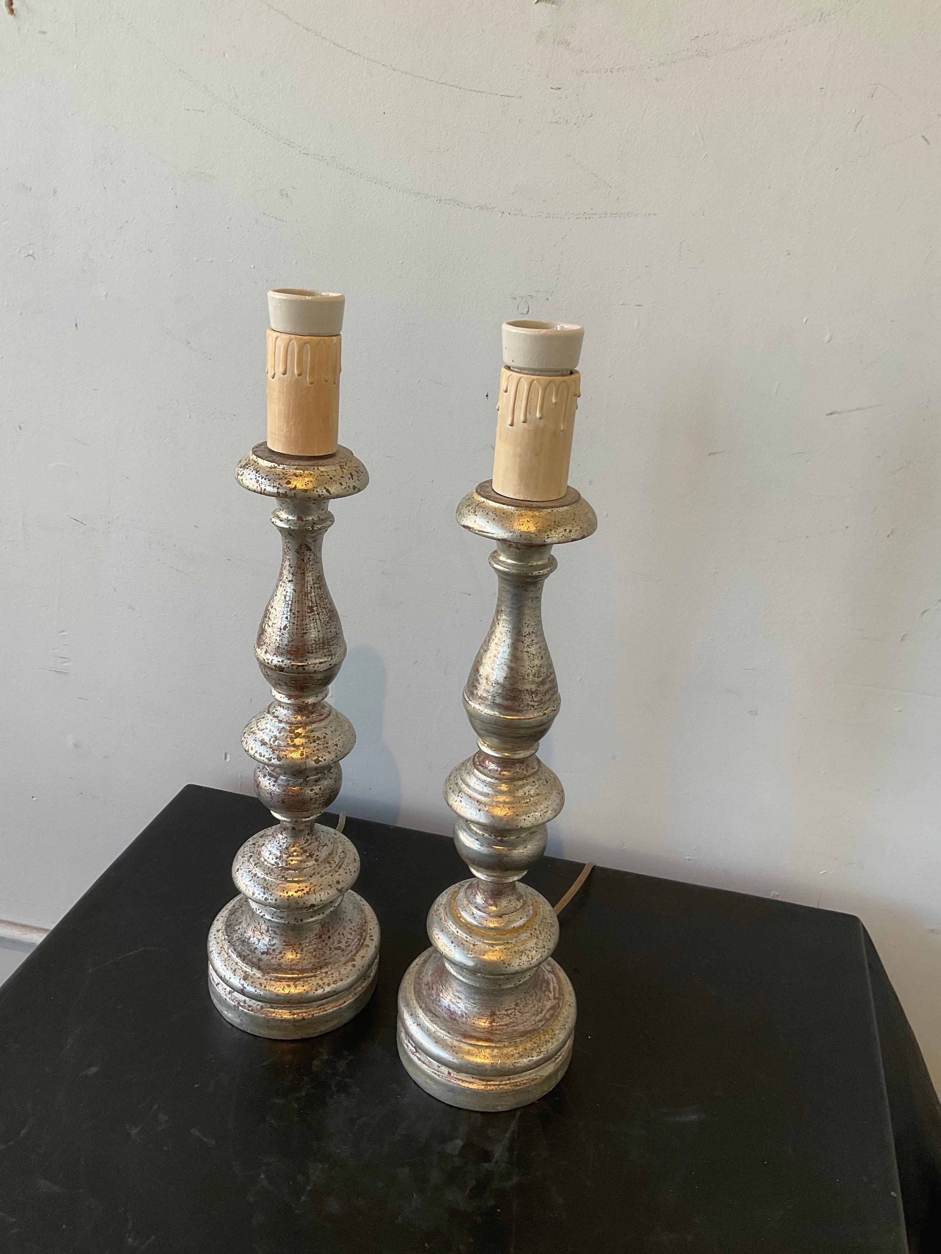 Pair of 1920s Italian Silver Leaf Wood Candlestick Lamps In Good Condition In Tarrytown, NY