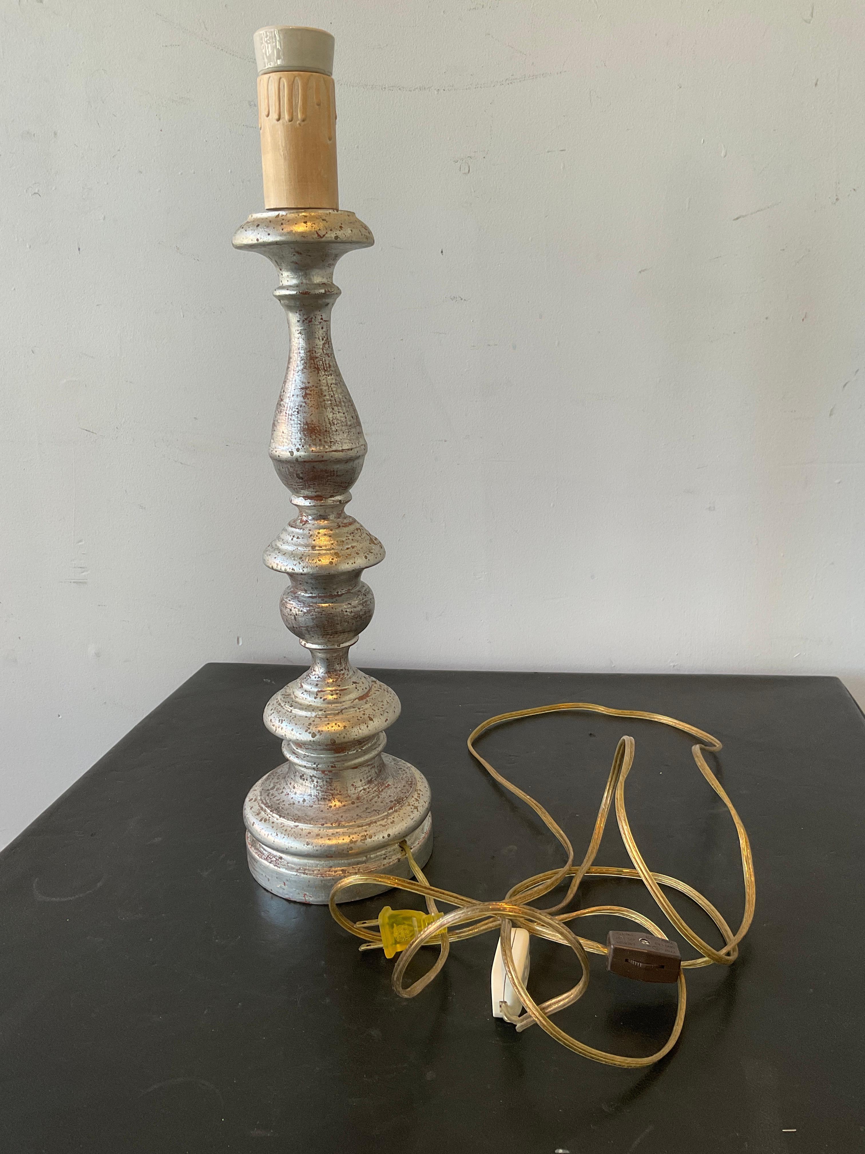 Early 20th Century Pair of 1920s Italian Silver Leaf Wood Candlestick Lamps