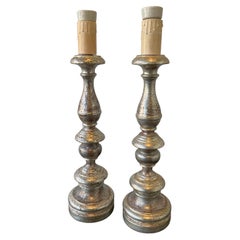 Pair of 1920s Italian Silver Leaf Wood Candlestick Lamps