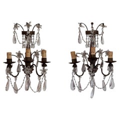 Antique Pair of 1920s Italian Wood and Crystal Sconces
