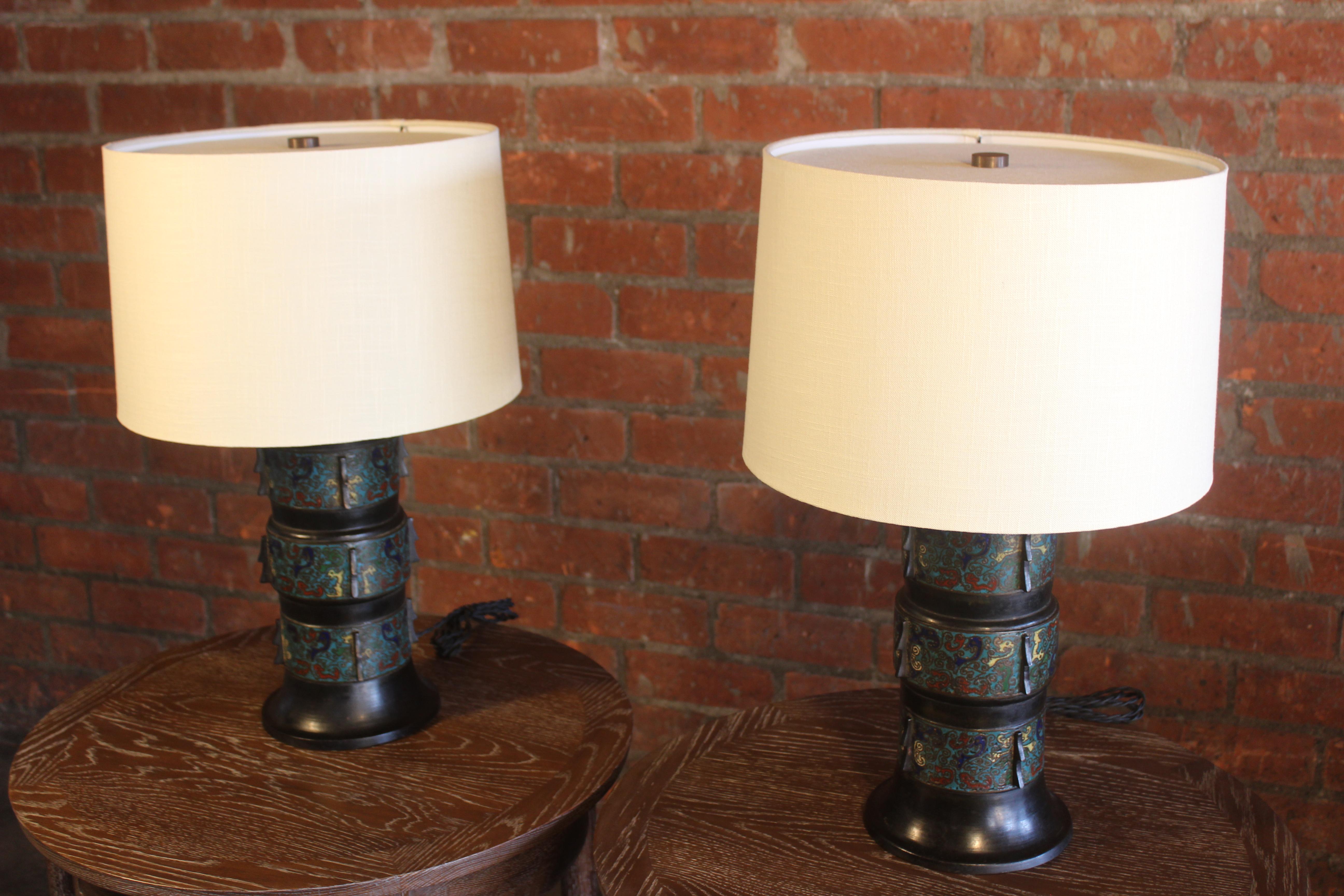 Pair of 1920s Japanese Bronze Cloissone Table Lamps 8
